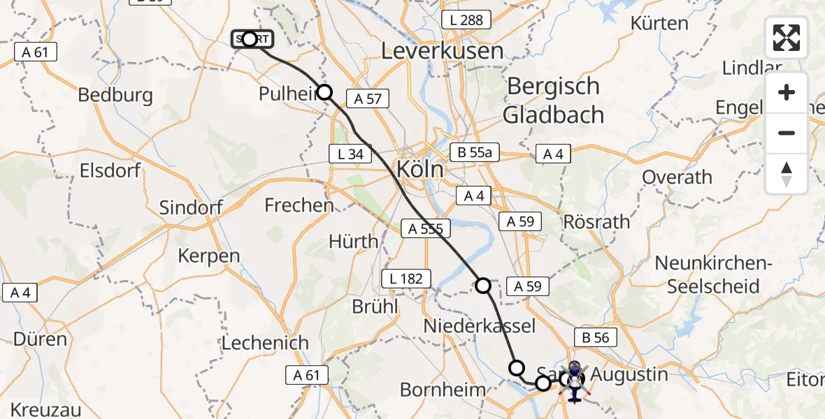 Flugroute Polizeihubschrauber Rommerskirchen - Sankt Augustin, 26 Juli 2026, 21:05