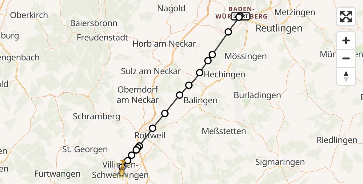 Flugroute Ambulanzhubschrauber Tübingen University Hospital - DRF Air Rescue Station Villingen-Schwenningen Hubschrauberlandeplatz (Christoph 11), 26 Juli 2026, 21:39