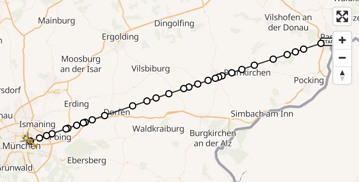 Flugroute Rettungshubschrauber Passau - München Bogenhausen Hospital, 26 Juli 2026, 22:22
