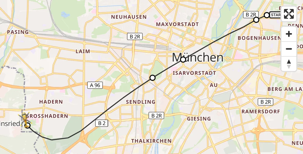 Flugroute Rettungshubschrauber München Bogenhausen Hospital - DRF Air Rescue München Hubschrauberlandeplatz, 26 Juli 2026, 23:25