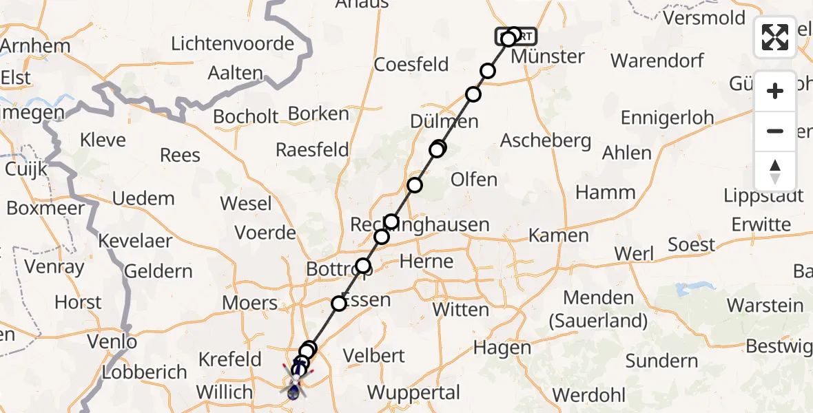 Flugroute Polizeihubschrauber Münster - Düsseldorf Flughafen, 27 Juli 2026, 00:04