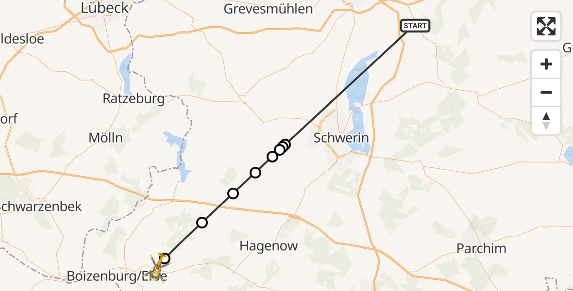 Flugroute Rettungshubschrauber Jesendorf - Tessin b.Boizenburg, 27 Juli 2026, 04:48