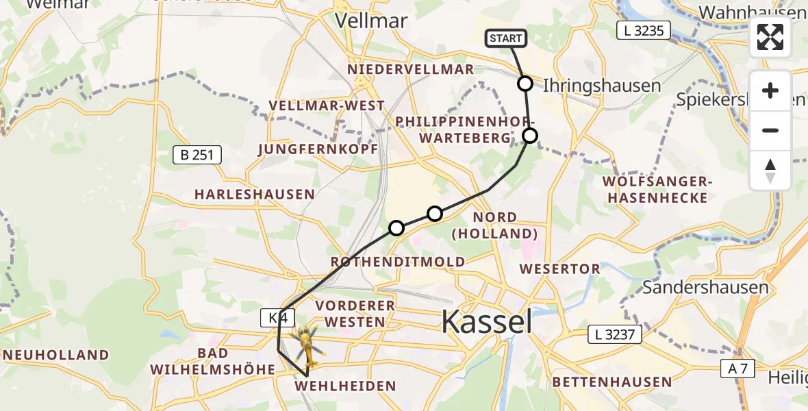 Flugroute Rettungshubschrauber Fuldatal Bundespolizei Hubschrauberlandeplatz - Kassel, 27 Juli 2026, 05:04
