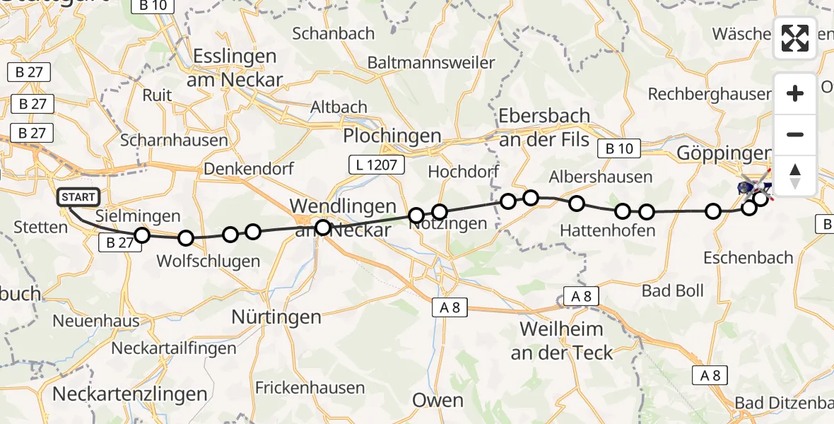 Flugroute Polizeihubschrauber Flughafen Stuttgart - Göppingen, 27 Juli 2026, 05:07
