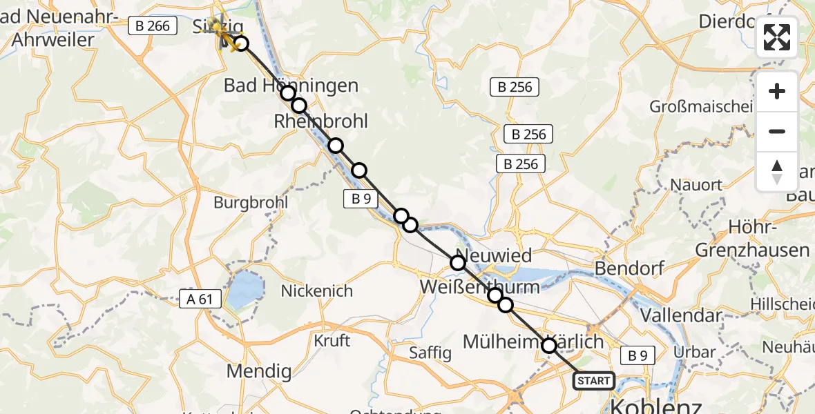 Flugroute Rettungshubschrauber Koblenz - Sinzig, 27 Juli 2026, 05:09