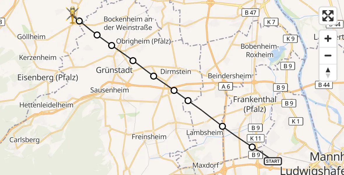 Flugroute Rettungshubschrauber Ludwigshafen am Rhein - Biedesheim, 27 Juli 2026, 05:21