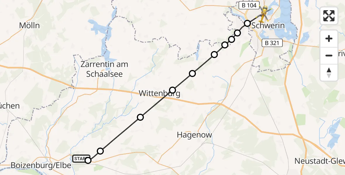 Flugroute Rettungshubschrauber Tessin b.Boizenburg - Schwerin, 27 Juli 2026, 05:22