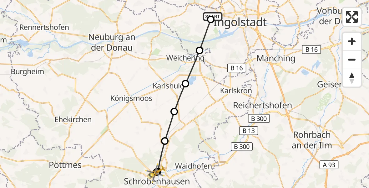 Flugroute Rettungshubschrauber Ingolstadt Hospital - Schrobenhausen District Hospital, 27 Juli 2026, 05:39