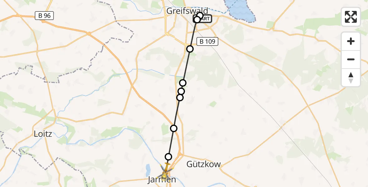 Flugroute Rettungshubschrauber Greifswald Hospital - Gützkow, 27 Juli 2026, 05:43
