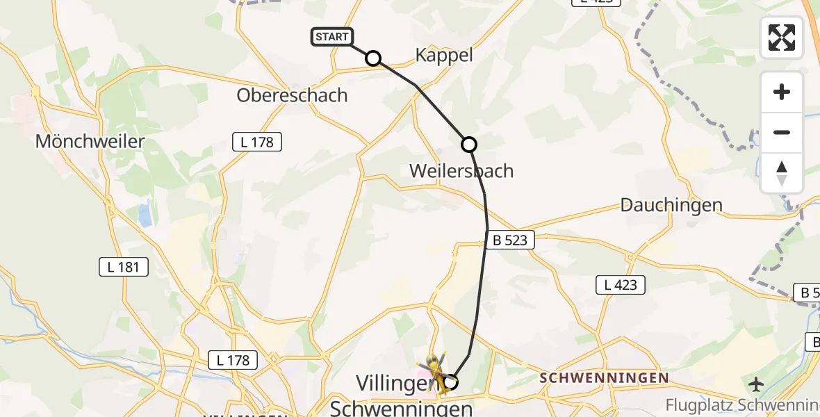 Flugroute Ambulanzhubschrauber Villingen-Schwenningen - DRF Air Rescue Station Villingen-Schwenningen Hubschrauberlandeplatz (Christoph 11), 27 Juli 2026, 05:43