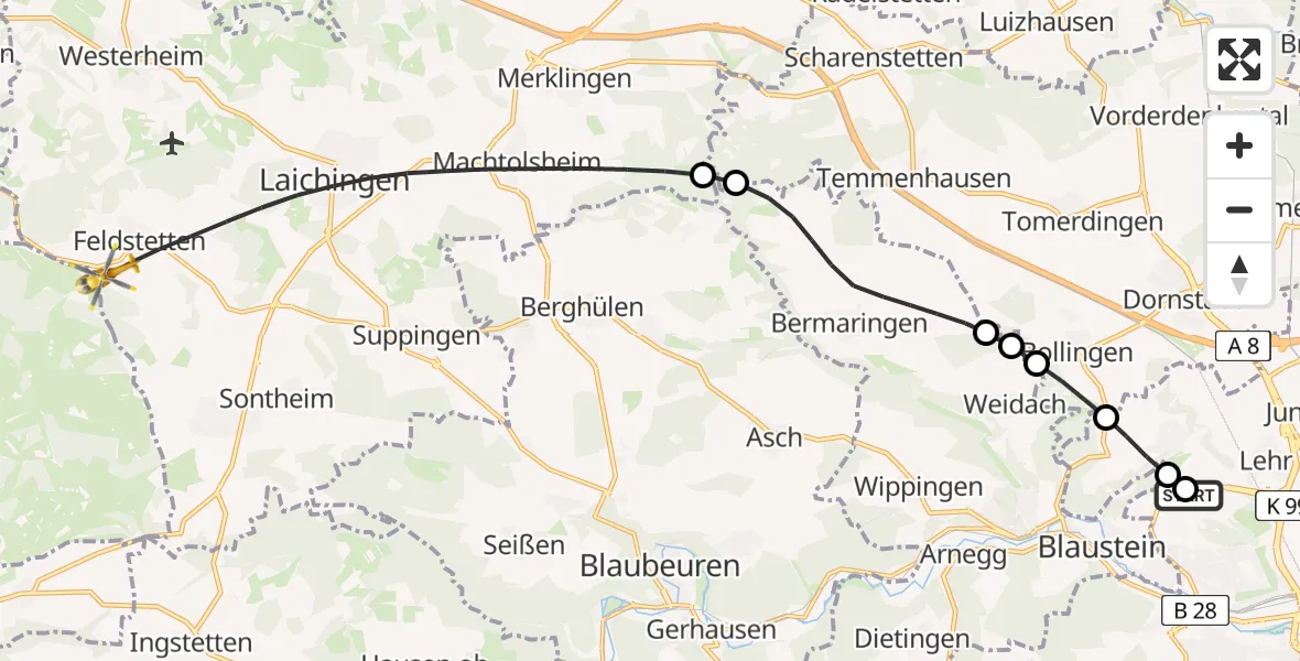 Flugroute Rettungshubschrauber Ulm Military Hospital Emergency - Laichingen, 27 Juli 2026, 05:44
