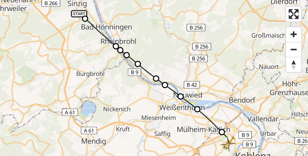 Flugroute Rettungshubschrauber Sinzig - Koblenz, 27 Juli 2026, 05:48