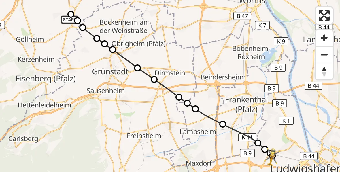 Flugroute Rettungshubschrauber Biedesheim - Ludwigshafen Accident Hospital, 27 Juli 2026, 05:55