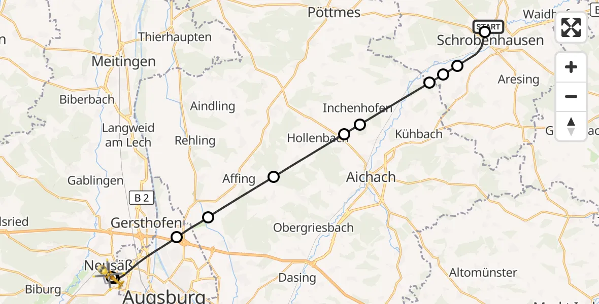 Flugroute Rettungshubschrauber Schrobenhausen District Hospital - Augsburg University Hospital, 27 Juli 2026, 06:14