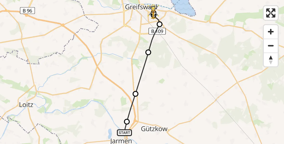 Flugroute Rettungshubschrauber Gützkow - Greifswald Hospital, 27 Juli 2026, 06:18