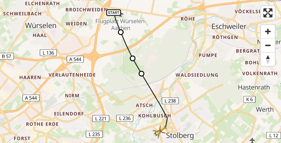 Flugroute Rettungshubschrauber Aachen-Merzbrück Flughafen - Stolberg (Rhld.), 27 Juli 2026, 06:20