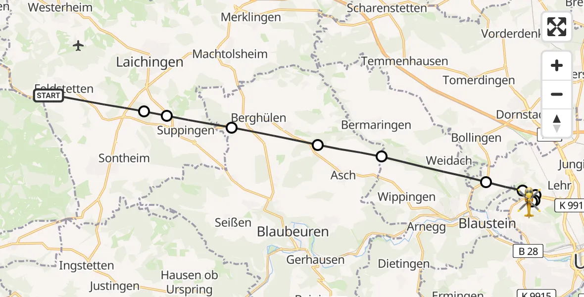 Flugroute Rettungshubschrauber Laichingen - Ulm Military Hospital Emergency, 27 Juli 2026, 06:30