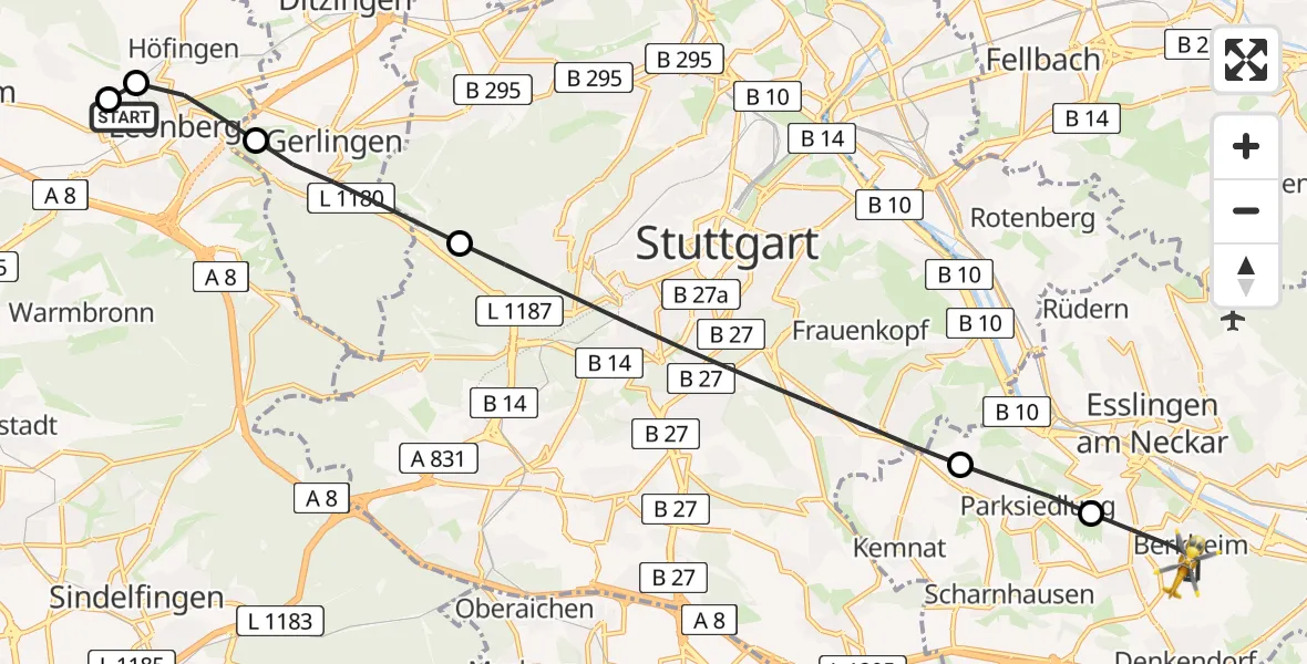 Flugroute Rettungshubschrauber Leonberg Hospital - Esslingen am Neckar, 27 Juli 2026, 06:31