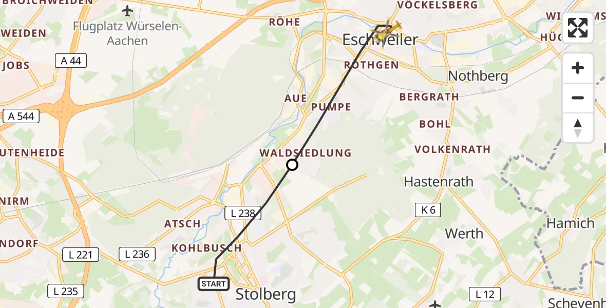 Flugroute Rettungshubschrauber Stolberg (Rhld.) - Eschweiler, 27 Juli 2026, 06:46