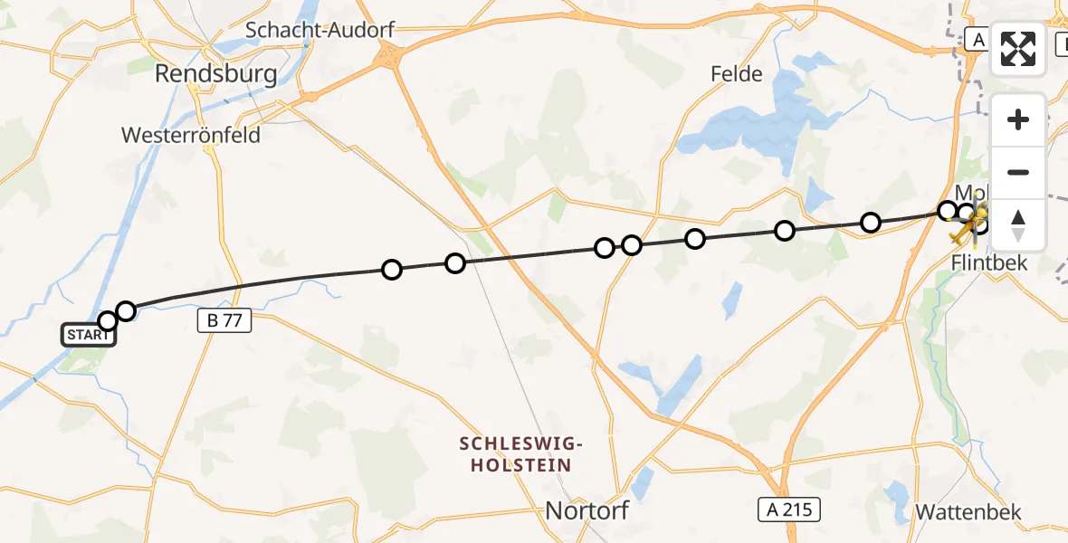 Flugroute Ambulanzhubschrauber Rendsburg-Schachtholm Flugplatz - Flintbek, 27 Juli 2026, 06:47