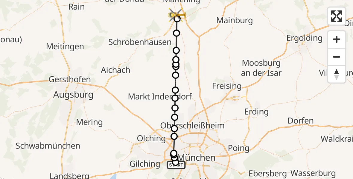 Flugroute Rettungshubschrauber DRF Air Rescue München Hubschrauberlandeplatz - Reichertshofen, 27 Juli 2026, 06:52