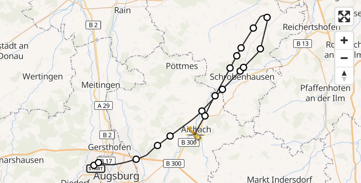 Flugroute Rettungshubschrauber Augsburg University Hospital - Aichach, 27 Juli 2026, 06:52
