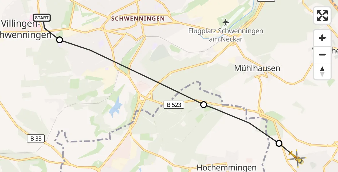 Flugroute Ambulanzhubschrauber DRF Air Rescue Station Villingen-Schwenningen Hubschrauberlandeplatz (Christoph 11) - Tuningen, 27 Juli 2026, 06:59