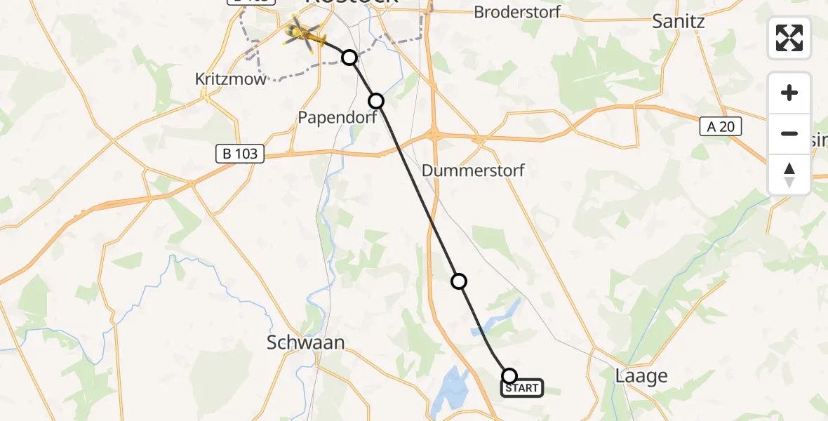 Flugroute Rettungshubschrauber Flughafen Rostock-Laage - Rostock, 27 Juli 2026, 07:07