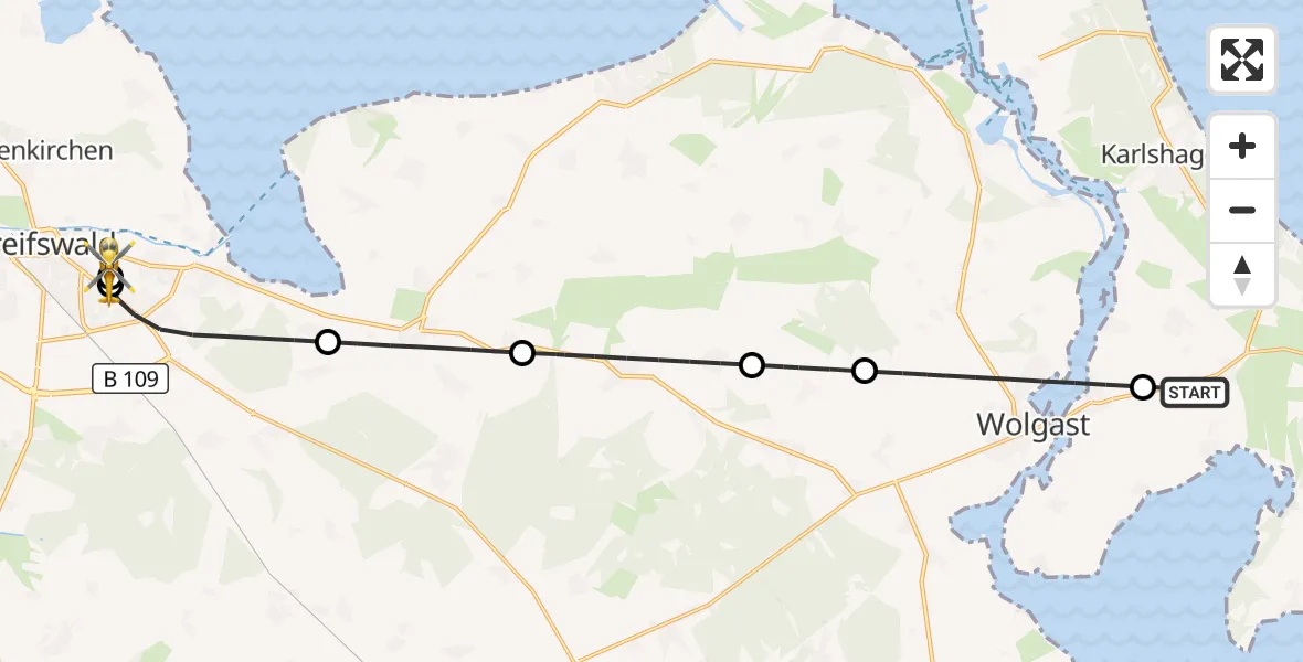 Flugroute Rettungshubschrauber Krummin - Greifswald Hospital, 27 Juli 2026, 07:07