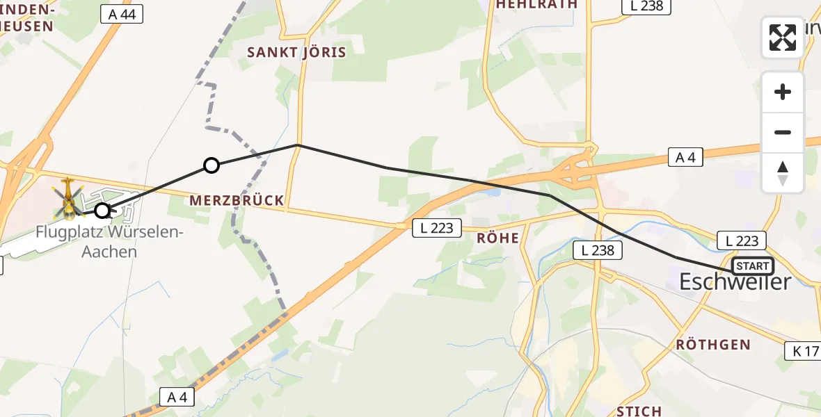 Flugroute Rettungshubschrauber Eschweiler - Aachen-Merzbrück Flughafen, 27 Juli 2026, 07:11