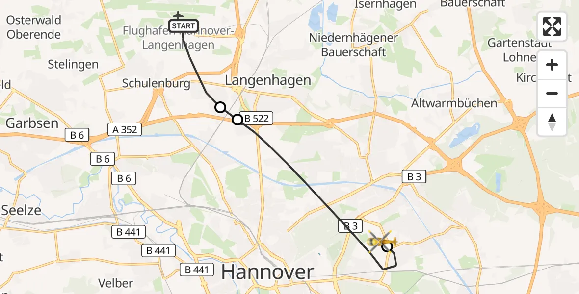 Flugroute Rettungshubschrauber Flughafen Hannover - Hannover Luftrettung Hubschrauberlandeplatz (Christoph 4), 27 Juli 2026, 07:13