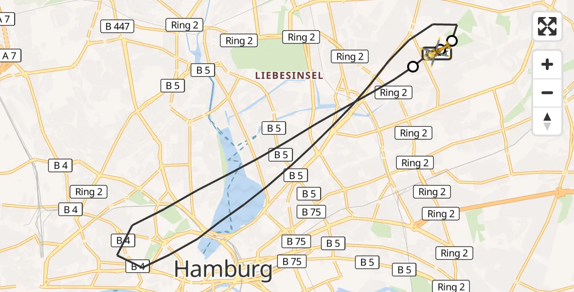 Flugroute Rettungshubschrauber Hamburg Military Hospital - Hamburg Military Hospital, 27 Juli 2026, 07:17