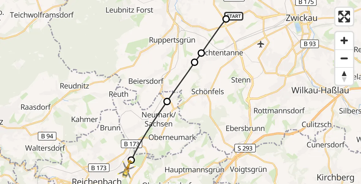 Flugroute Rettungshubschrauber ADAC Air Rescue Station Zwickau Hubschrauberlandeplatz - Reichenbach im Vogtland, 27 Juli 2026, 07:25