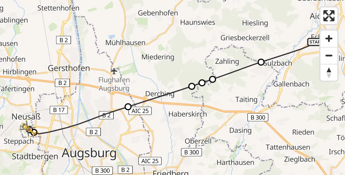 Flugroute Rettungshubschrauber Aichach - Augsburg University Hospital, 27 Juli 2026, 07:29