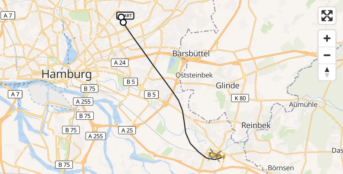 Flugroute Rettungshubschrauber Hamburg Military Hospital - Hamburg, 27 Juli 2026, 07:34