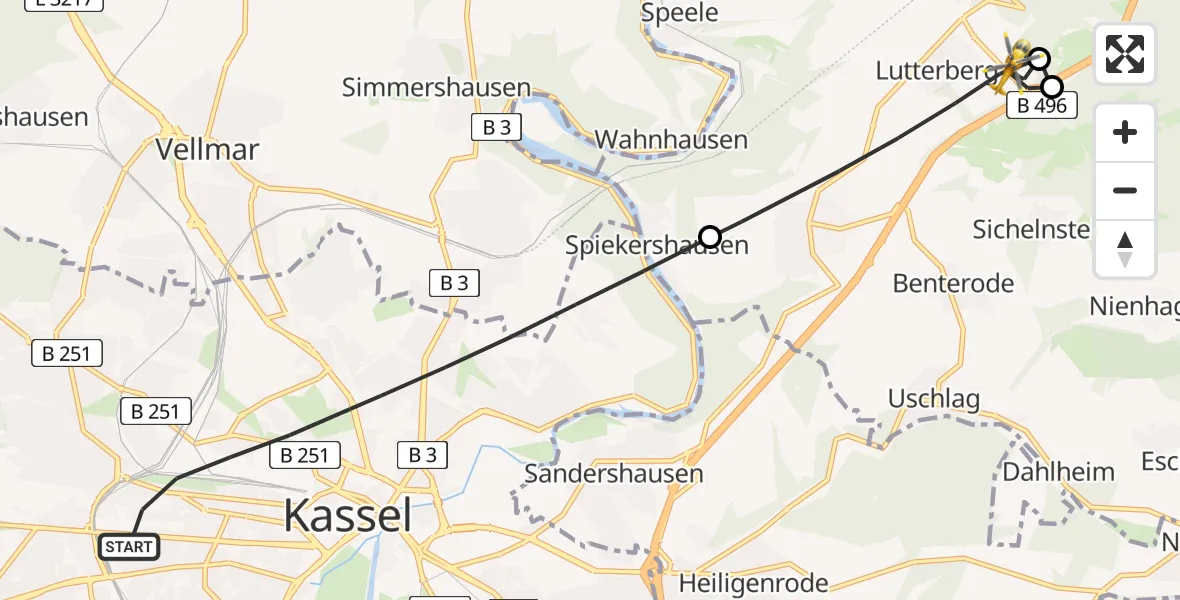 Flugroute Rettungshubschrauber Kassel - Staufenberg, 27 Juli 2026, 07:36