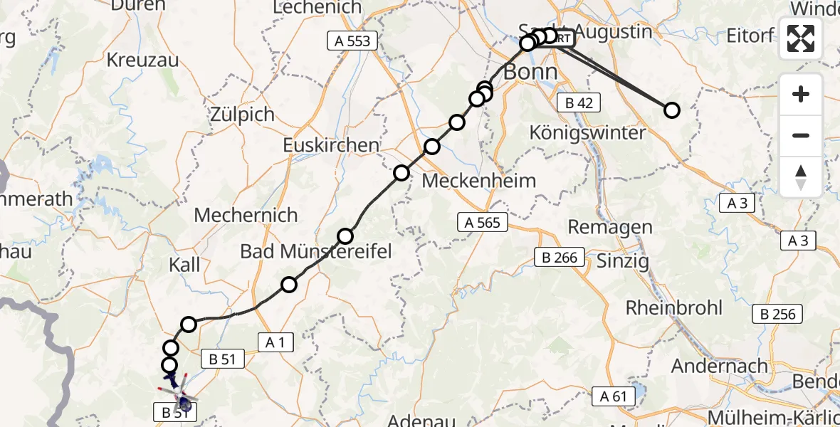 Flugroute Polizeihubschrauber Sankt Augustin - Dahlem, 27 Juli 2026, 07:37