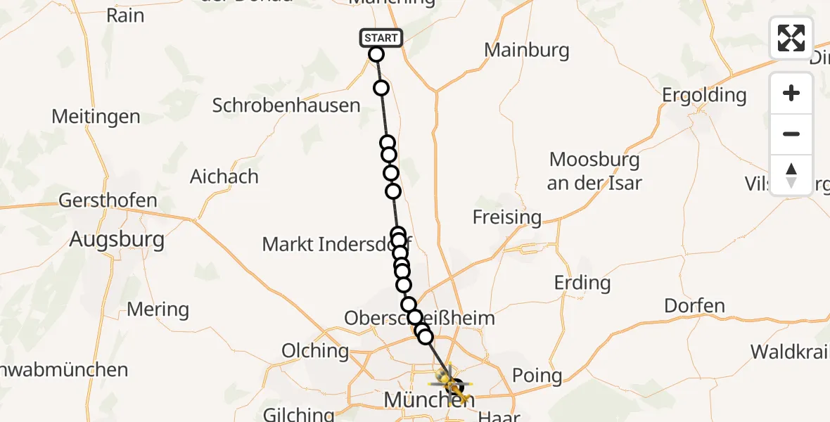 Flugroute Rettungshubschrauber Reichertshofen - München Bogenhausen Hospital, 27 Juli 2026, 07:37