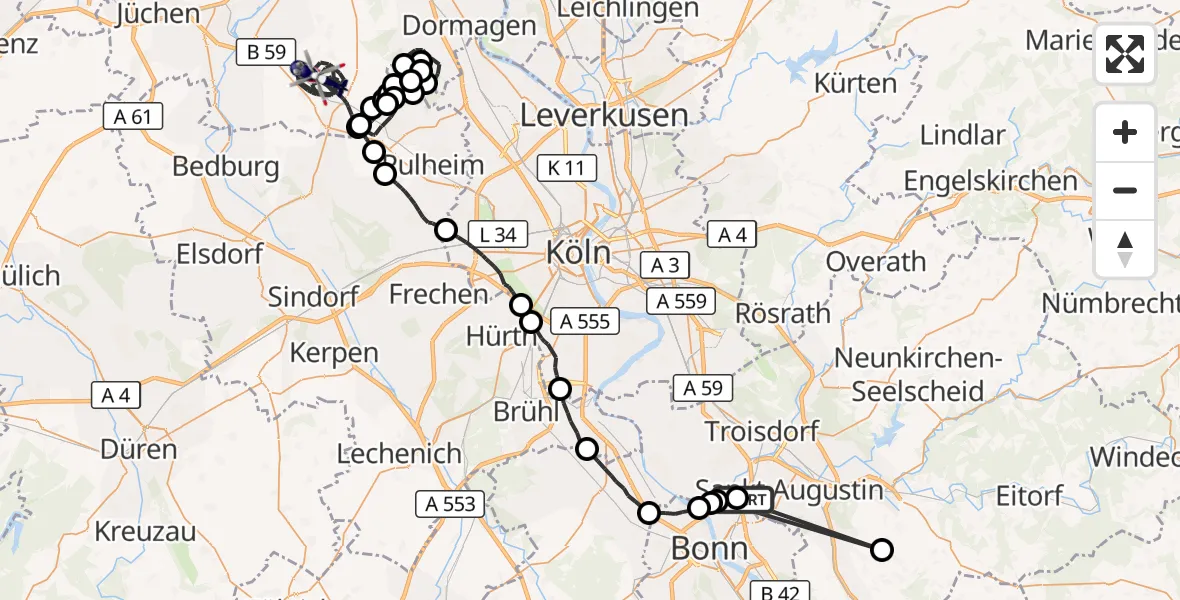 Flugroute Polizeihubschrauber Sankt Augustin - Rommerskirchen, 27 Juli 2026, 07:38