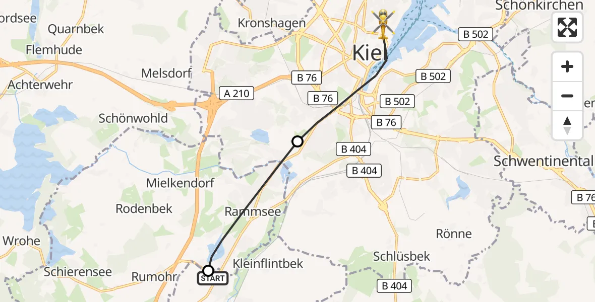 Flugroute Ambulanzhubschrauber Flintbek - Kiel, 27 Juli 2026, 07:43