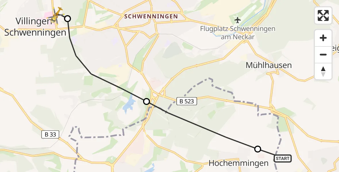 Flugroute Ambulanzhubschrauber Tuningen - DRF Air Rescue Station Villingen-Schwenningen Hubschrauberlandeplatz (Christoph 11), 27 Juli 2026, 07:47
