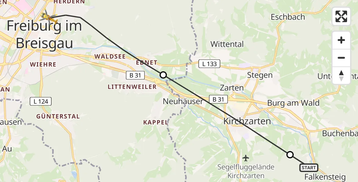 Flugroute Ambulanzhubschrauber Buchenbach - Freiburg im Breisgau, 27 Juli 2026, 07:51
