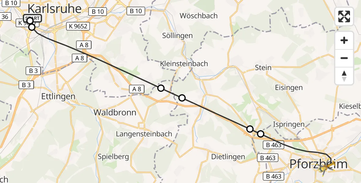 Flugroute Ambulanzhubschrauber Sankt Vincentius Hospital - Pforzheim, 27 Juli 2026, 07:56