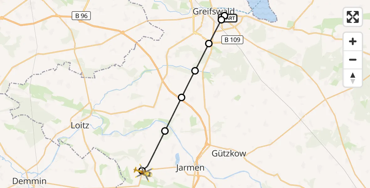 Flugroute Rettungshubschrauber Greifswald Hospital - Kruckow, 27 Juli 2026, 07:57
