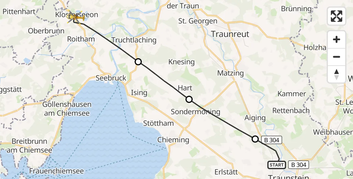 Flugroute Rettungshubschrauber Traunstein - Seeon-Seebruck, 27 Juli 2026, 08:01