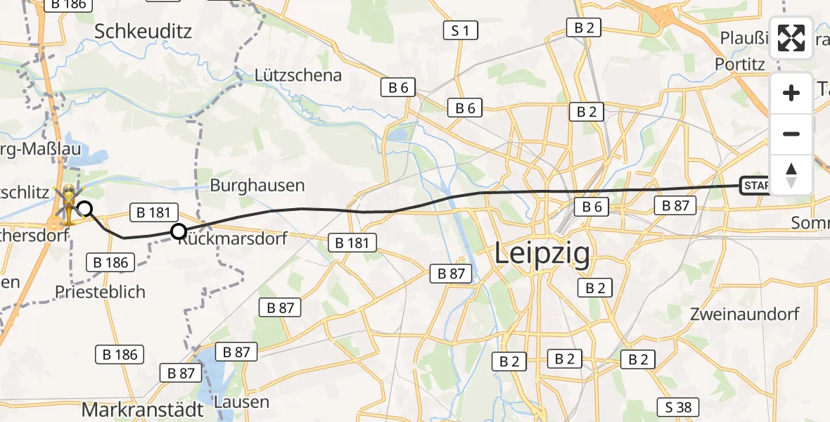 Flugroute Rettungshubschrauber Leipzig - ADAC Air Rescue Station Leipzig/Schkeuditz-Dölzig Hubschrauberlandeplatz (Christoph 61), 27 Juli 2026, 08:06