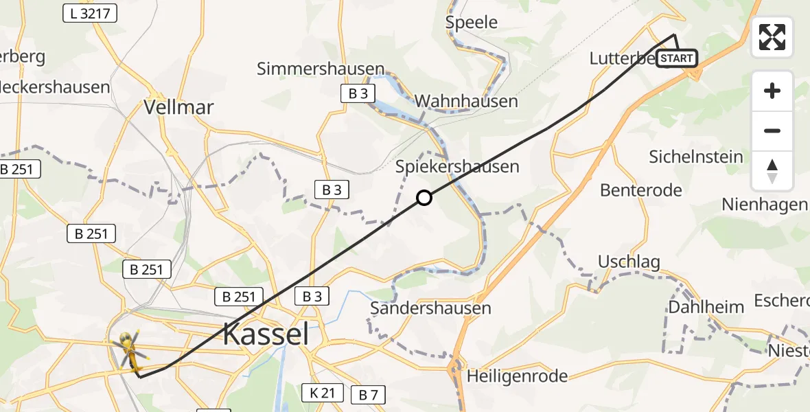 Flugroute Rettungshubschrauber Staufenberg - Kassel, 27 Juli 2026, 08:06