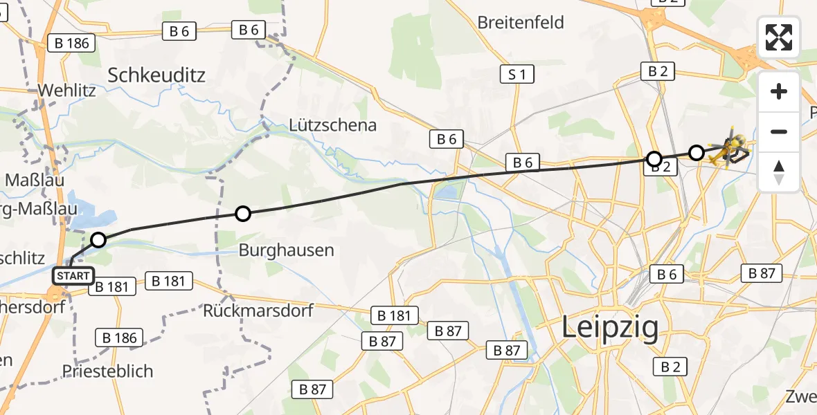 Flugroute Rettungshubschrauber ADAC Air Rescue Station Leipzig/Schkeuditz-Dölzig Hubschrauberlandeplatz (Christoph 61) - Leipzig, 27 Juli 2026, 08:06