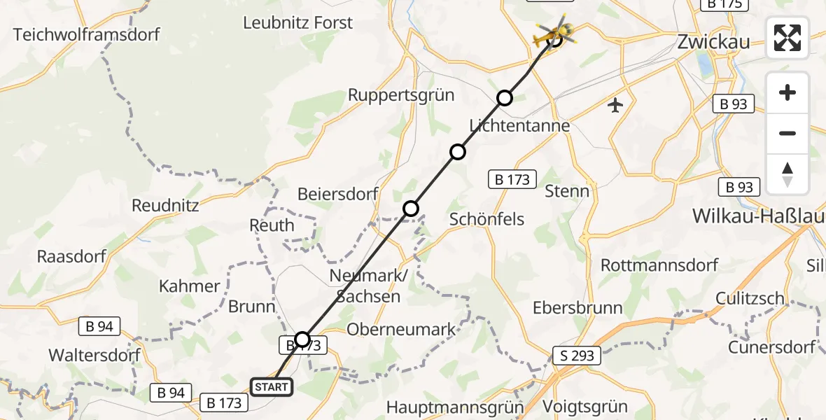 Flugroute Rettungshubschrauber Reichenbach im Vogtland - ADAC Air Rescue Station Zwickau Hubschrauberlandeplatz, 27 Juli 2026, 08:08