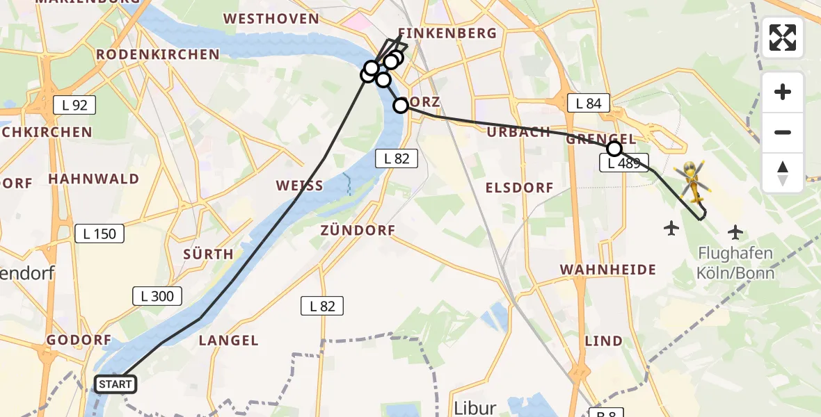 Flugroute Rettungshubschrauber Köln - Köln Bonn Flughafen, 27 Juli 2026, 08:14